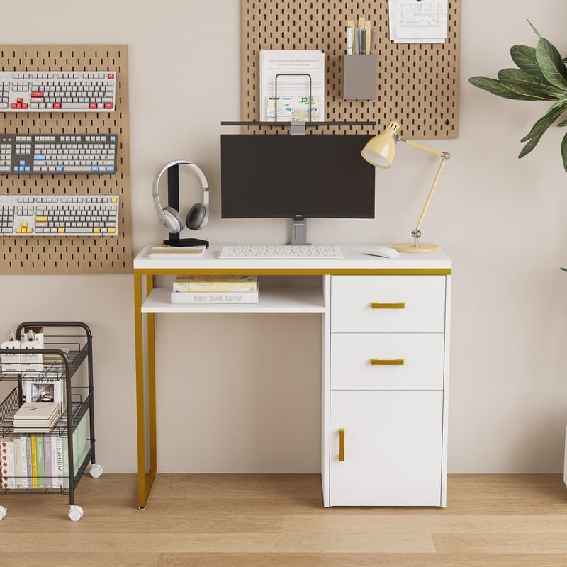 38.19" W Particle Board Computer Desk Manicure Table with 2 Drawers and 1 Cabinet