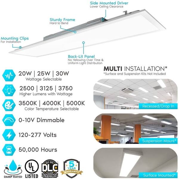 Luxrite FT LED Light Panel, 20/25/30W, Color Select 3500K | 4000K | 5000K, 2500/3125/3750 Lumens Pack - - 33835169