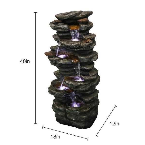 40in High Outdoor 6-tier Rock Cascading Water Fountain with LED Lights - N/A