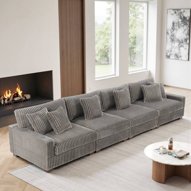 Modular Cotton Flannel Plush Sectional Sofa with Ottomans - Light Grey-4 piece