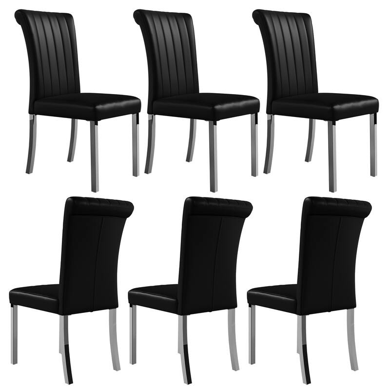 Luxury PU Leather Parsons Dining Chairs Side Chairs with Rolled Back and Stainless Steel Legs - Black and Silver - Set of 6