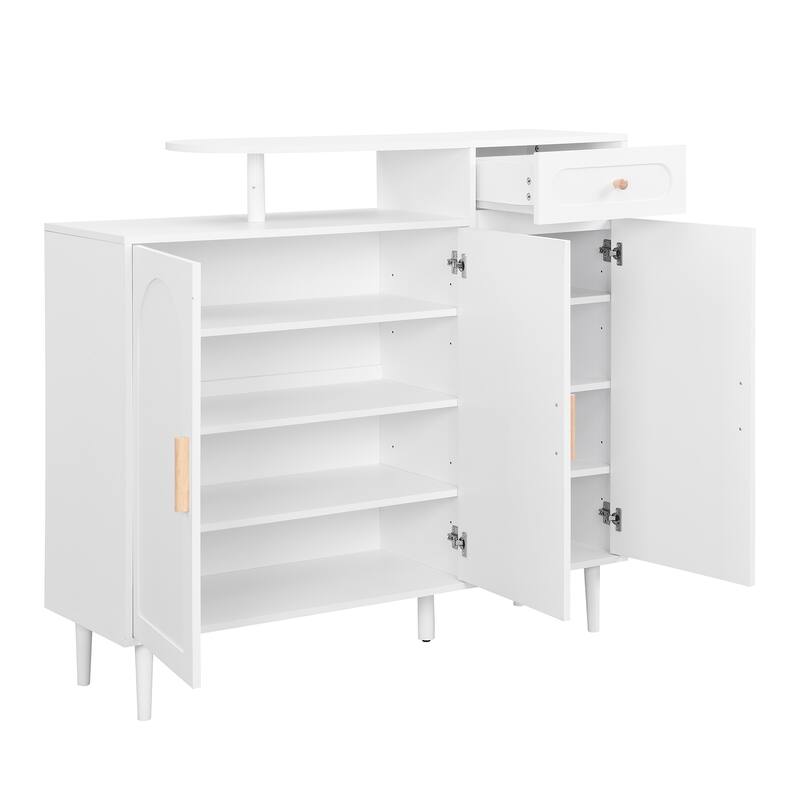 Elegant Shoe Cabinet with Arched Doors and Drawer, Cream Style Storage Sideboard with Adjustable Shelves and Solid Wood Legs