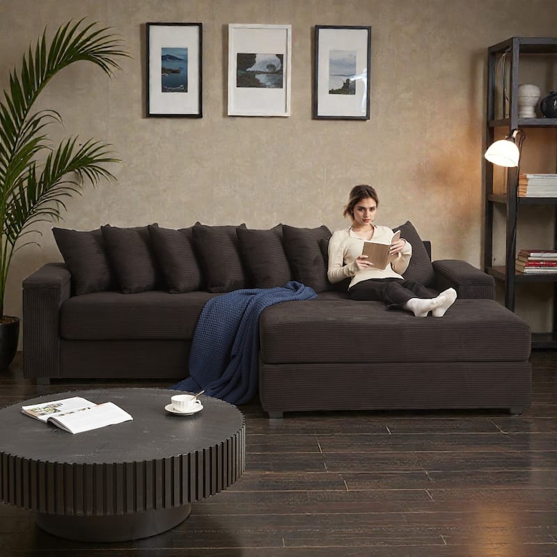 Oversized L Shaped Sectional Sofa with Chaise, Corduroy Upholstered Couch with Armrest Storage and Ottoman - Black