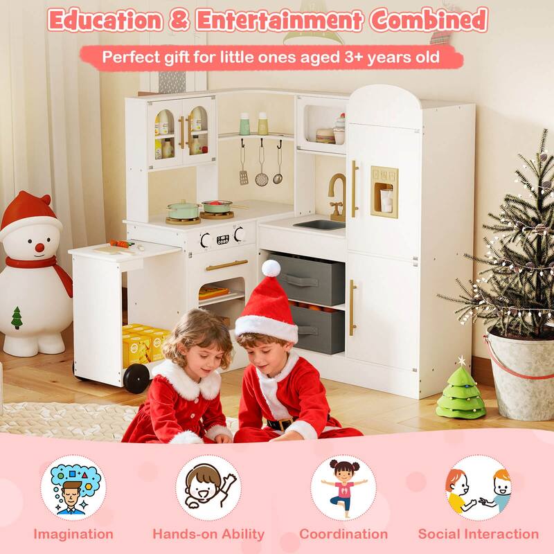 Costway Corner Kitchen with Lights and Sounds Interactive Wooden - See Details