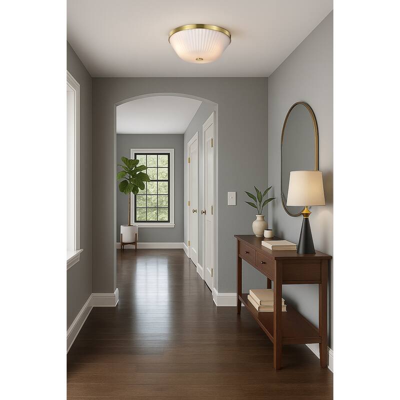 Royale 3 Light Flush Mount Burnished Brass Finish Ribbed White Glass - Burnished Brass