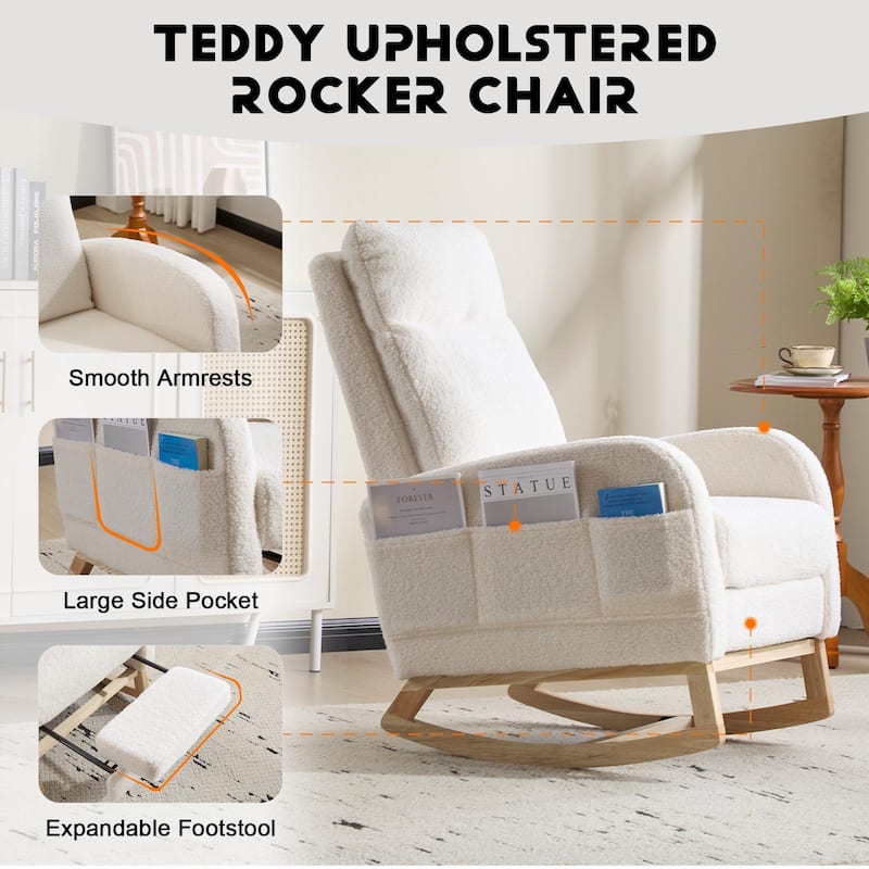 Polyester Fabric Rubber Wood Accent Rocking Chair with Side Pocket - 29.5"D x 24.8"W x 40.9"H