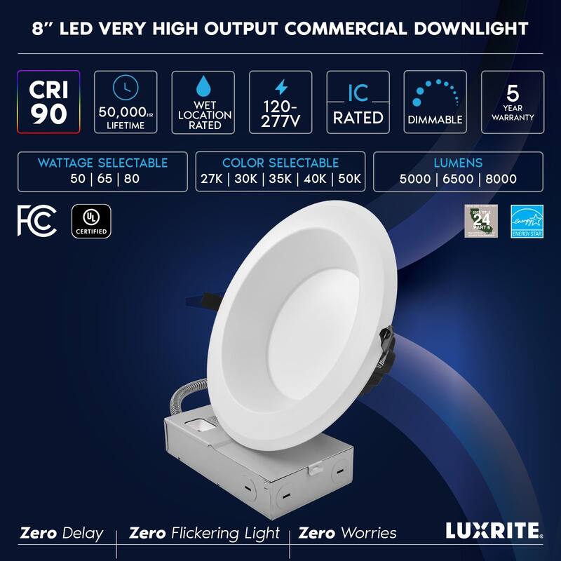LUXRITE 8 Inch Commercial LED Recessed Light J-Box 5CCT 50/65/80W Dimmable 5000/6500/8000LM 120-277V Wet Rated 4 Pack