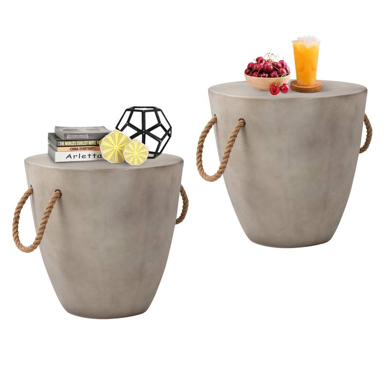 COSIEST Outdoor Lightweight Concrete Side Table w Hemp Rope Handles