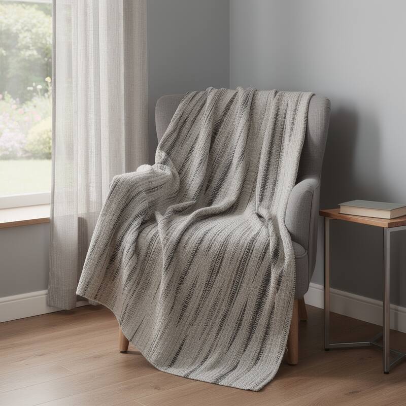 HomeRoots 50" X 70" Beige And Charcoal Striped Microfiber Plush Throw Blanket - Throw - Beige/Charcoal