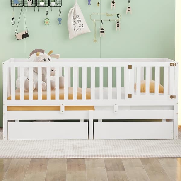 slide 2 of 120, Wood Cribs Convertible Toddler Bed with Fence Guardrails and 2 Drawers Split into Independent Floor Bed and Daybed Slat Support White - Twin