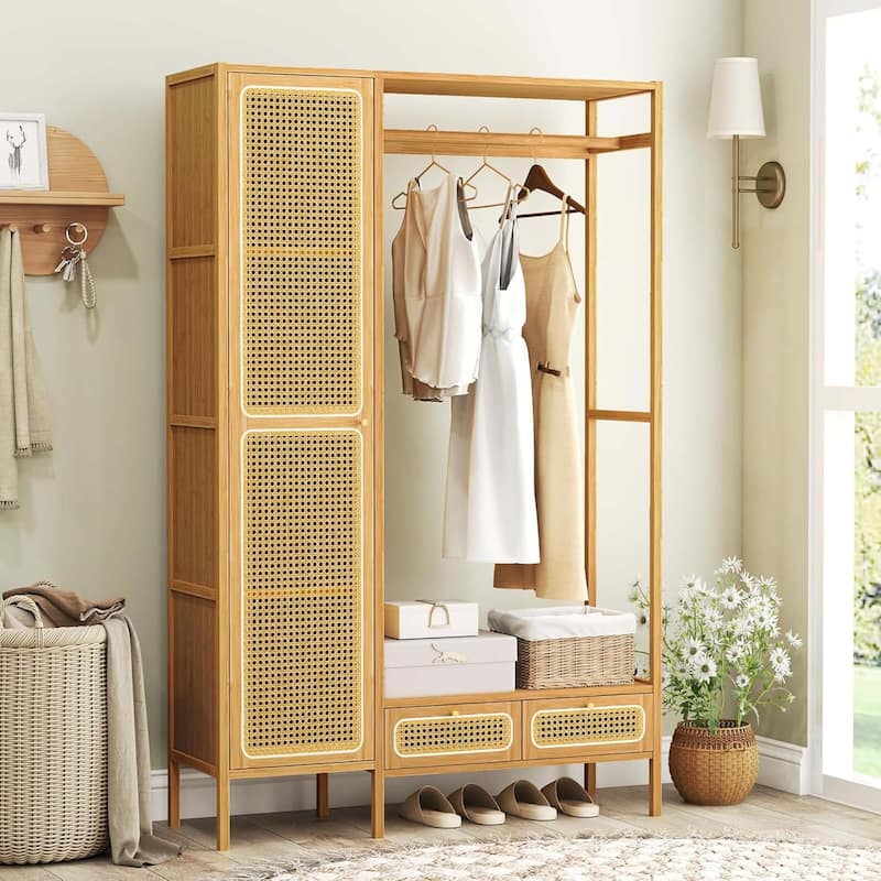 Bamboo Clothing Rack w/ Cabinet Hanging Rod Storage Shelf & Drawers