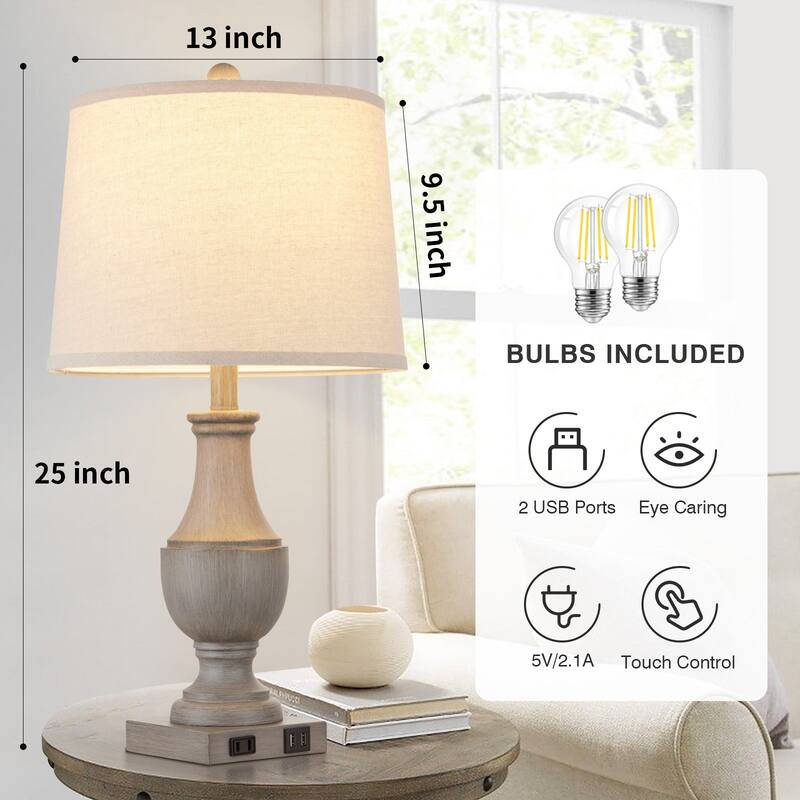 Grey Resin Table Lamps with 3-way Touch Dimming Switch USB & Type-C Charging Ports & AC Outlet (Set of 2)