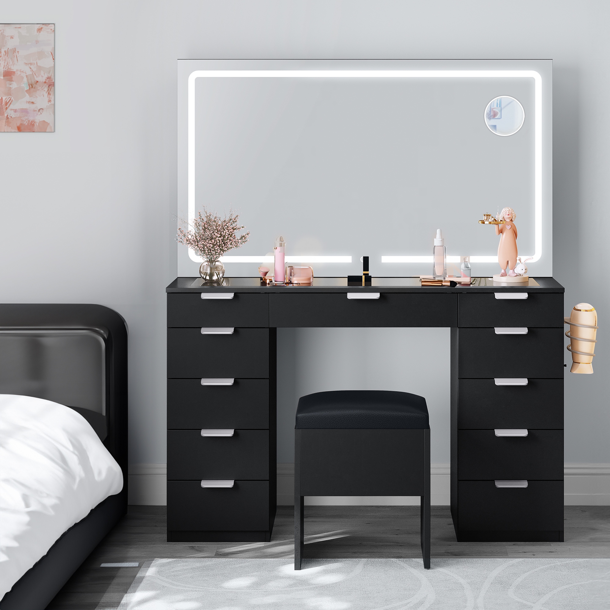 Moasis 55 Black Vanity Desk with Stool Lighted Mirror Makeup Table On Sale Bed Bath Beyond 40180995