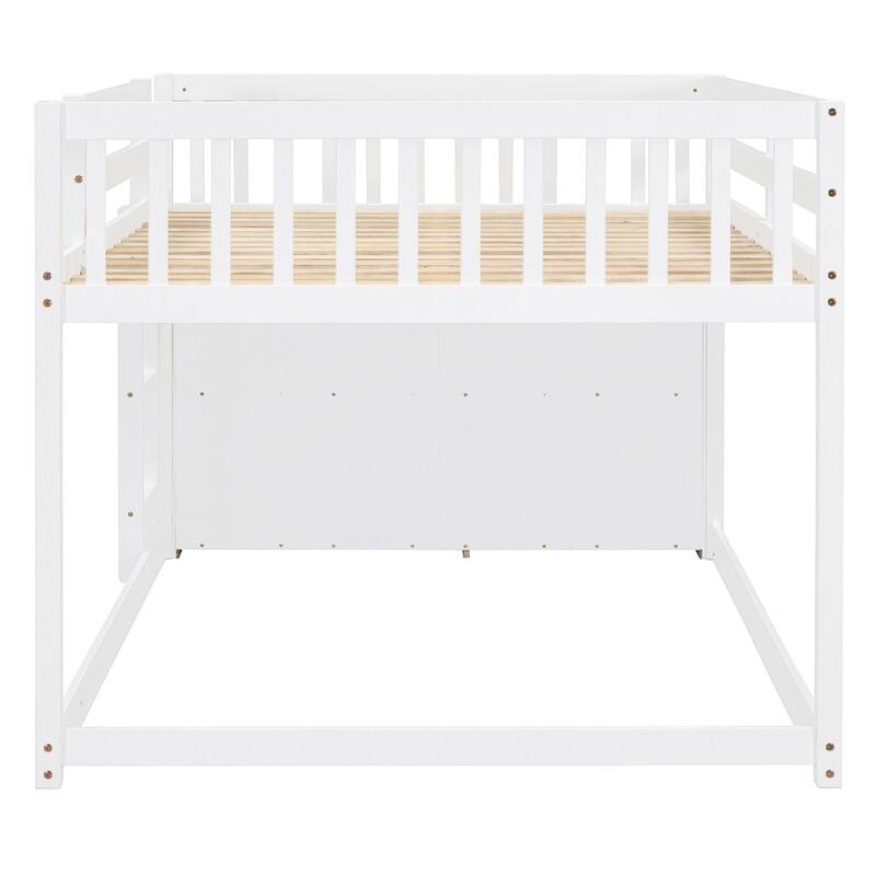 Twin Over Twin/Full Over Full Floor Bunk Bed with Drawers and 3 Storage Shelves, Solid Wood Low Bunk Bed Frame with Ladder