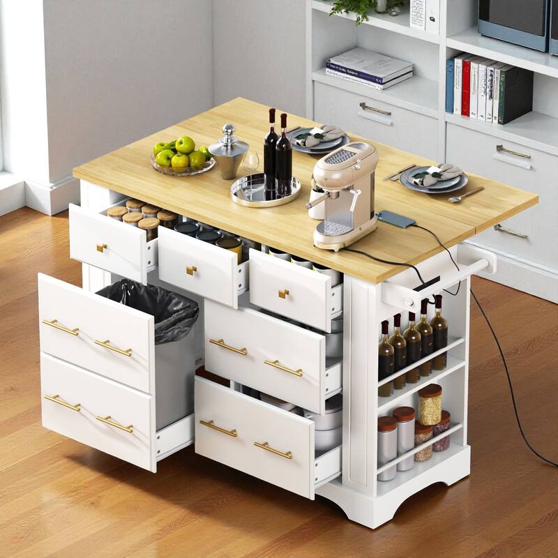 51" Kitchen Island with 6 Drawers, Drop Leaf, Power Outlet, Pull-Out Trash Can Storage, and 5 Open Side Racks on Wheels