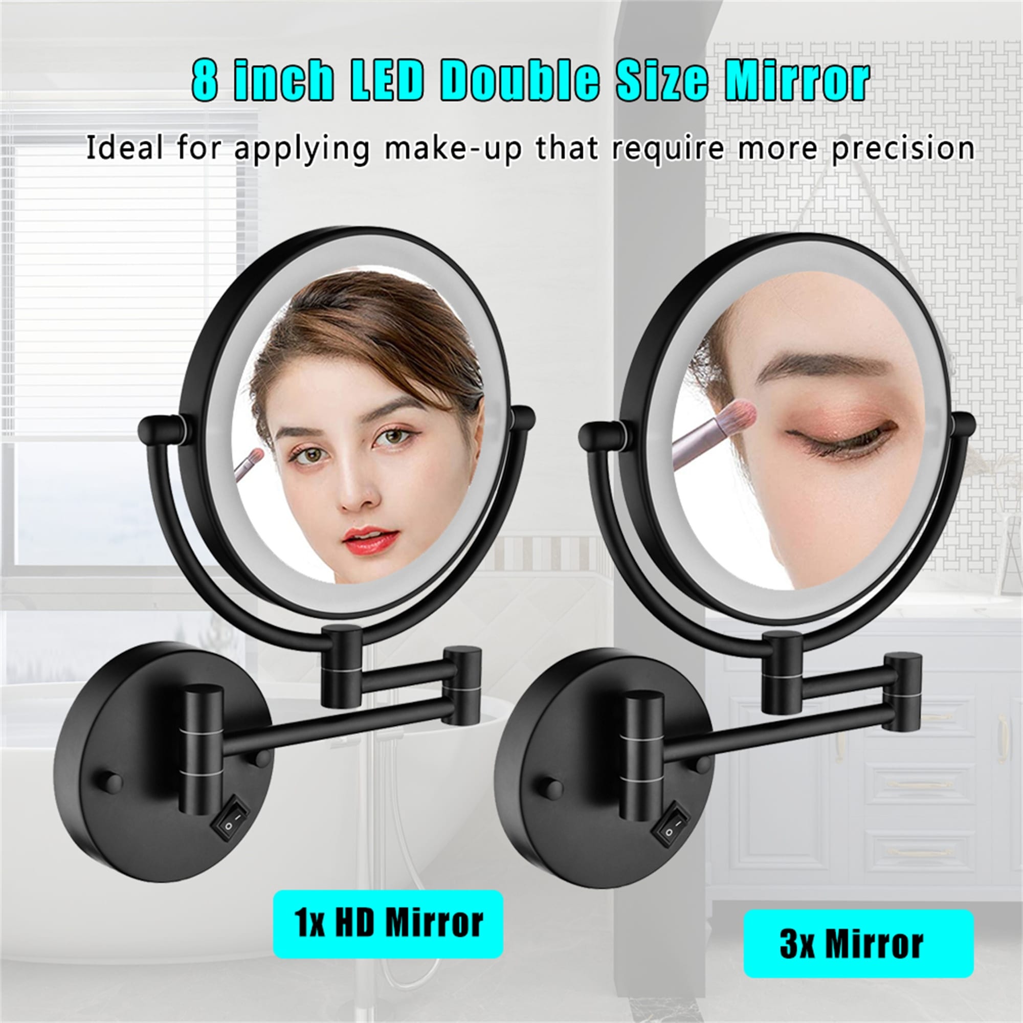 Inch LED Bathroom Mirror Wall Mount Two-Sided Magnifying Makeup Vanity  Mirror 360 Degree Rotation Waterproof Button. 8'' Bed Bath  Beyond  35444564