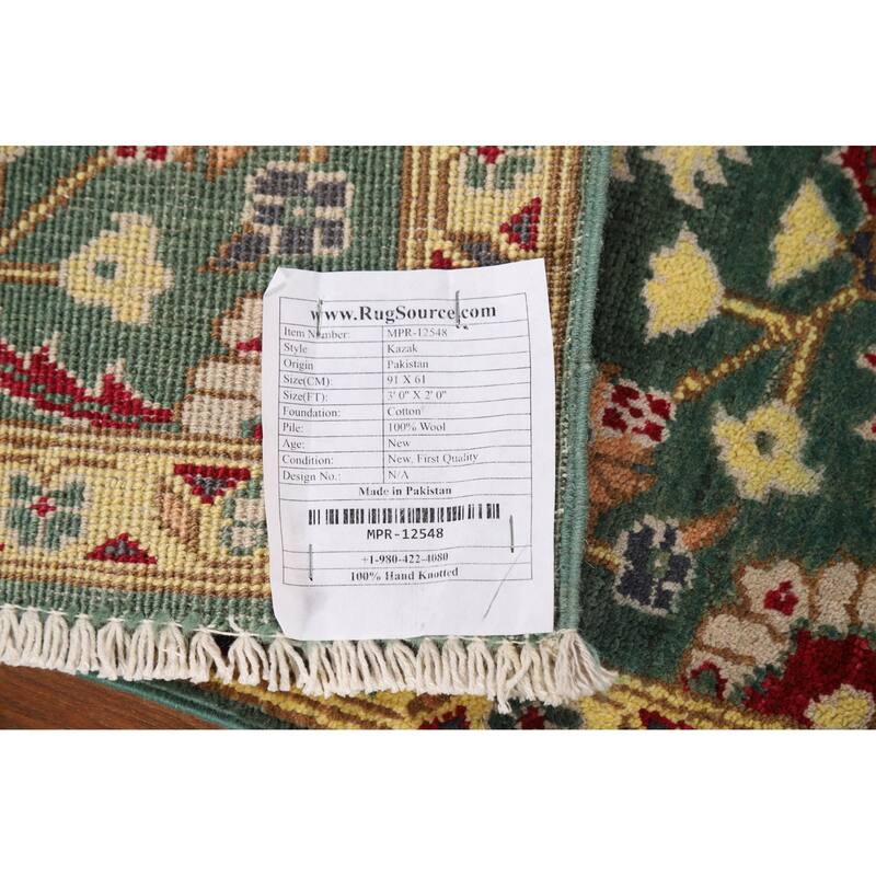 Green Floral Kazak Oriental Foyer Rug Hand-Knotted Wool Carpet - 2'0" x 3'0"
