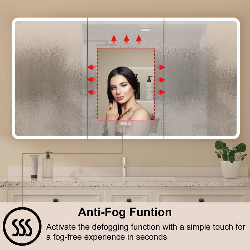 Rounded Edge LED Medicine Cabinet with Mirror, Dimmable, Anti-fog, Adjustable Shelves, Recessed or Wall Mount, ETL Certified