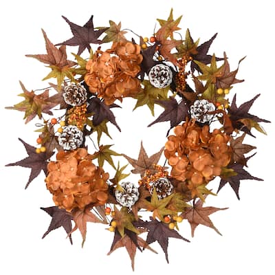 National Tree Company Artificial Autumn Wreath with Hydrangeas, Maple Leaves, Pinecones, Berry Clusters, 24 inches - 24 in