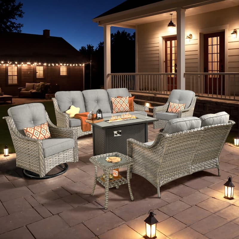 XIZZI Outdoor Wicker Patio Furniture Conversation Set with Fire Table - 6-piece - Dark Grey