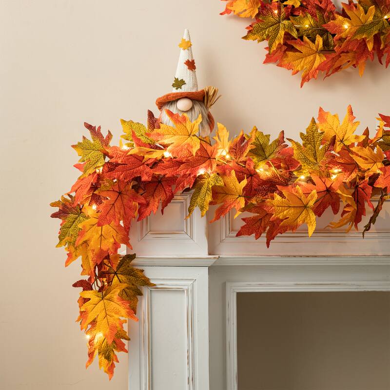 Glitzhome Thanksgiving LED Lighted Fall Maple Leaves Wreath & Garland with Timer