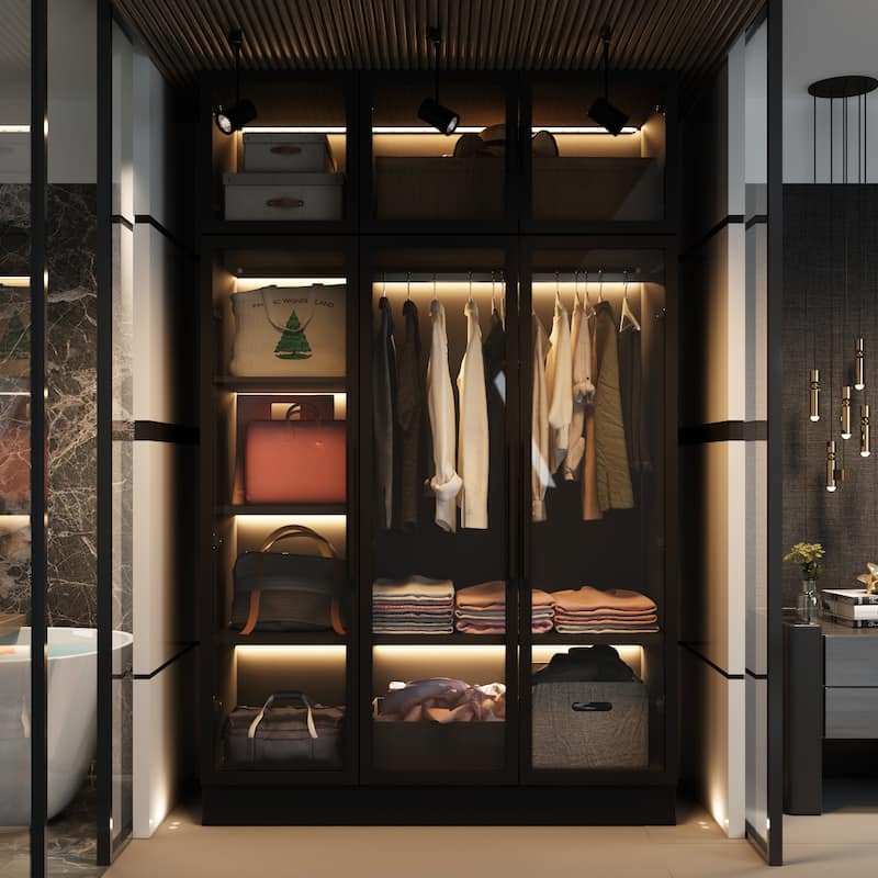 47.2" Wide Armoire LED Light All Glass Door Closet Cabinet Wardrobe