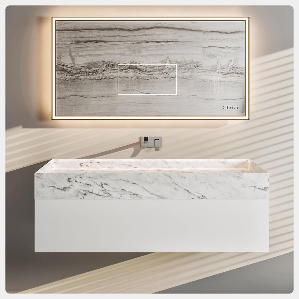Eviva Fritti 48"W White Wall Mount Bath Vanity with Carrara Marble Top