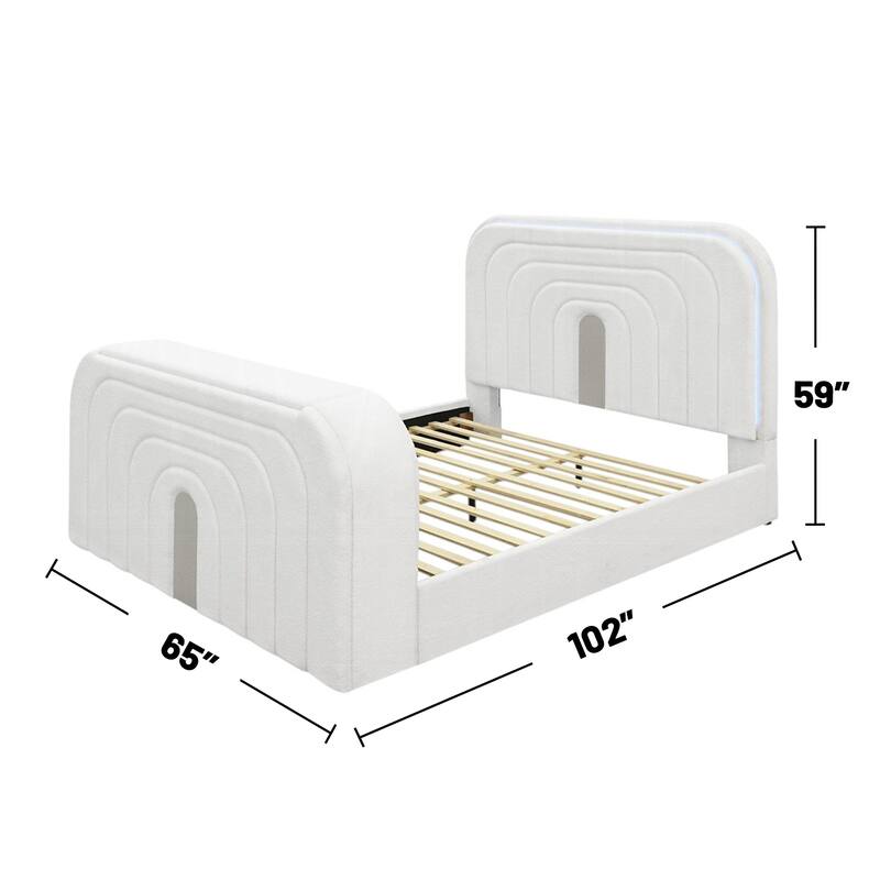 Upholstered LED Queen Bed with Fireplace in White and Chrome