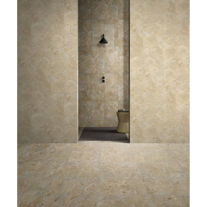 Roomfitters Natural Marble Tile, Leather Finish Stone for Floor and Wall, Genuine Marble, 4-Piece Box, Gold Yellow Beige