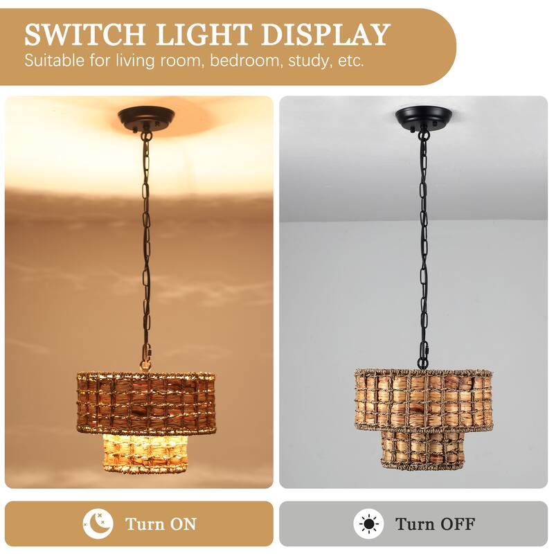 1-Light Farmhouse 2-Tier Metal Hanging Pendant Light Kitchen Island with Rattan Cover for Dining Room