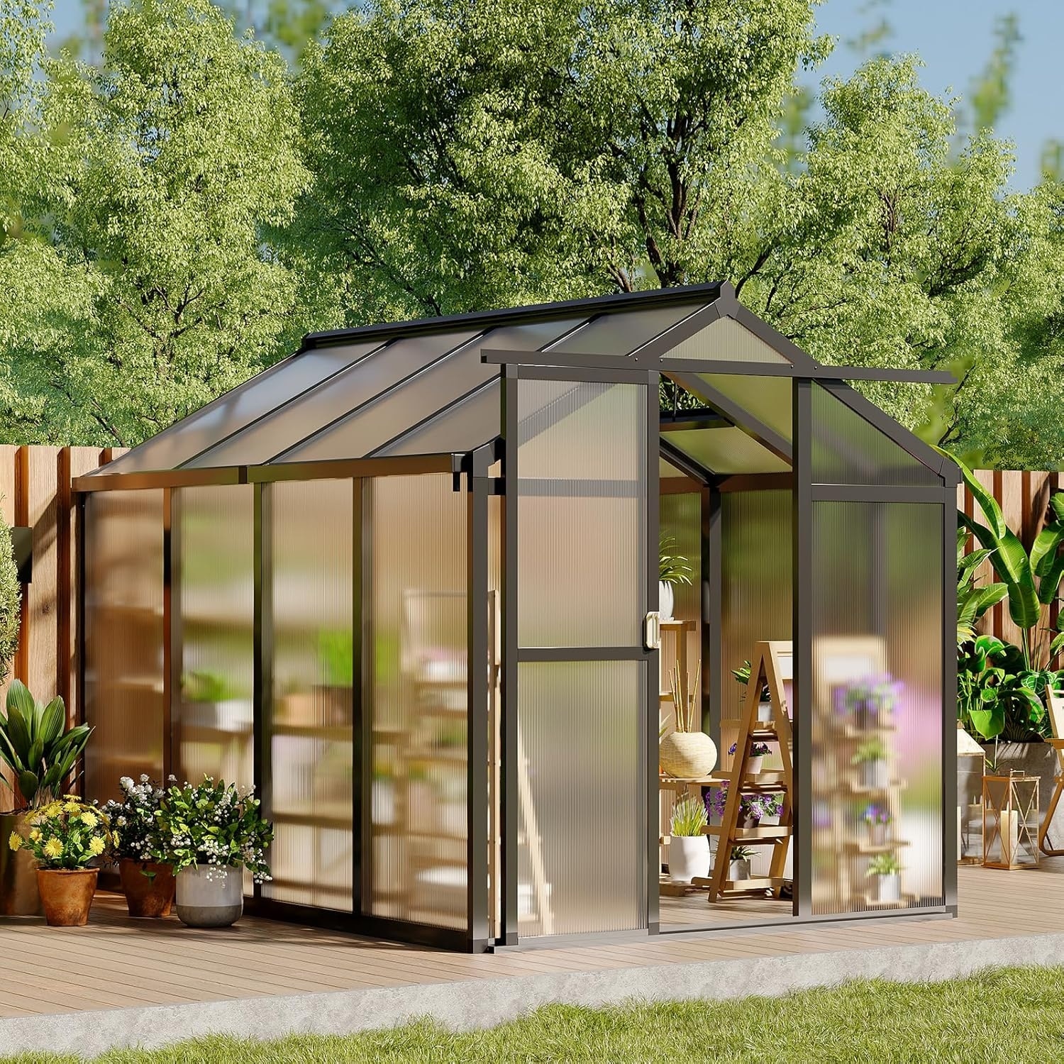 Polycarbonate Greenhouse, Aluminum Frame Walk-in Garden House with Roof Vent & Sliding Lockable Door
