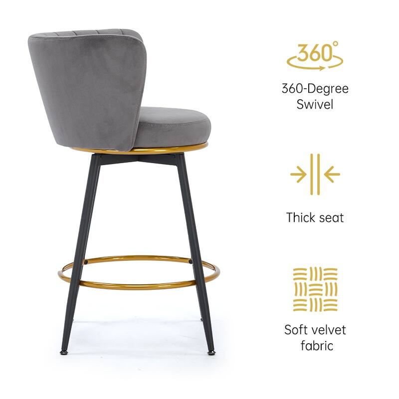 Counter Height Bar Stools Set of 2 Swivel Upholstered Back Metal Legs 26in Velvet Gold Footrest