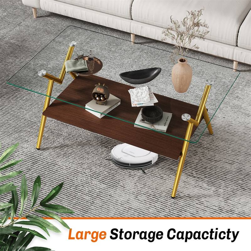 Modern Rectangle Coffee Table with Tempered Glass top and Metal Legs