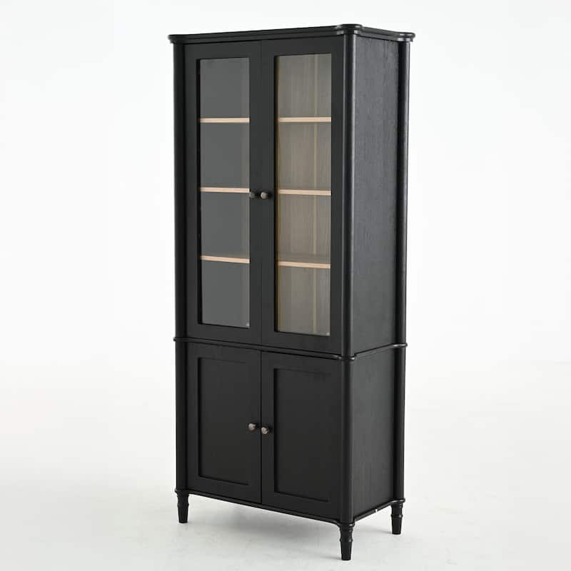Roomfitters 73.25'' Vintage Display Cabinet with Glass Doors, Mid-Century Pantry Cabinet with Storage, Black & Natural