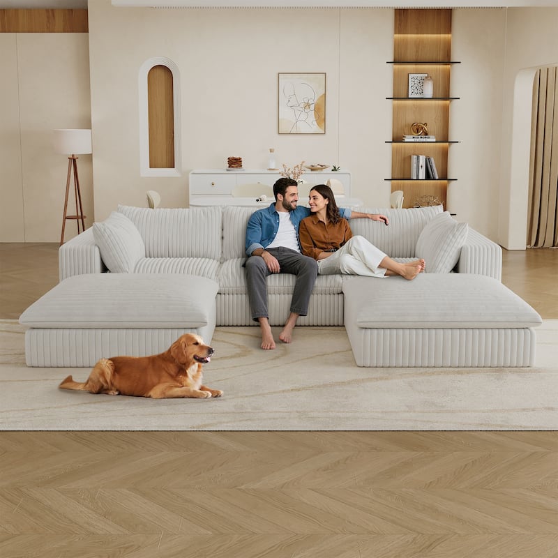 Modular Deep Seat Couch U-shaped Sectional Sofa with Chaise Lounge Corduroy Upholstered Sleeper Sofa Bed with Ottomans