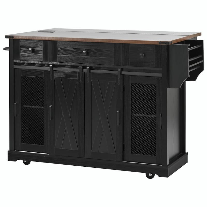 58-inch Farmhouse Kitchen Island with Storage, Sliding Barn Door & Metal Grid Side Door