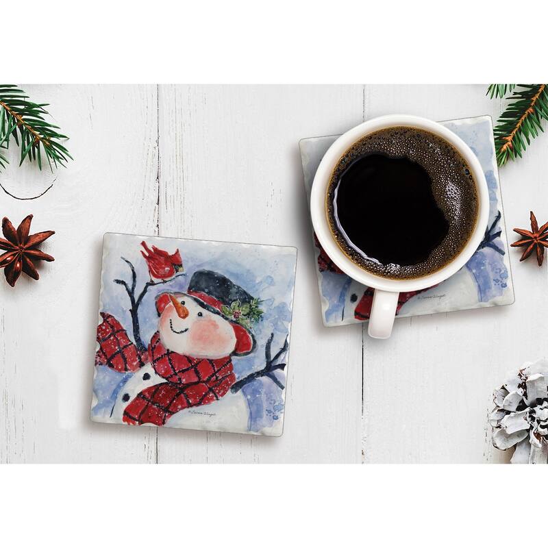 Counterart Absorbent Stone Coasters - Snowman Red & Black - Set of 4 - 4x4x1.576