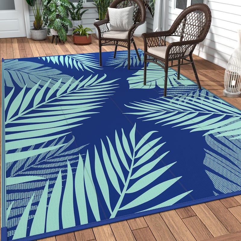 Mcow Palm Leaf Collection Reversible Woven Waterproof Outdoor Area Rug - 9' x 12' - Blue/Green - Rectangle