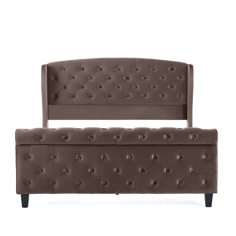 Christopher Knight Home - Amara Traditional Velvet Upholstered Sleigh Bed with Wingback Headboard & Scroll Footboard, Queen Size