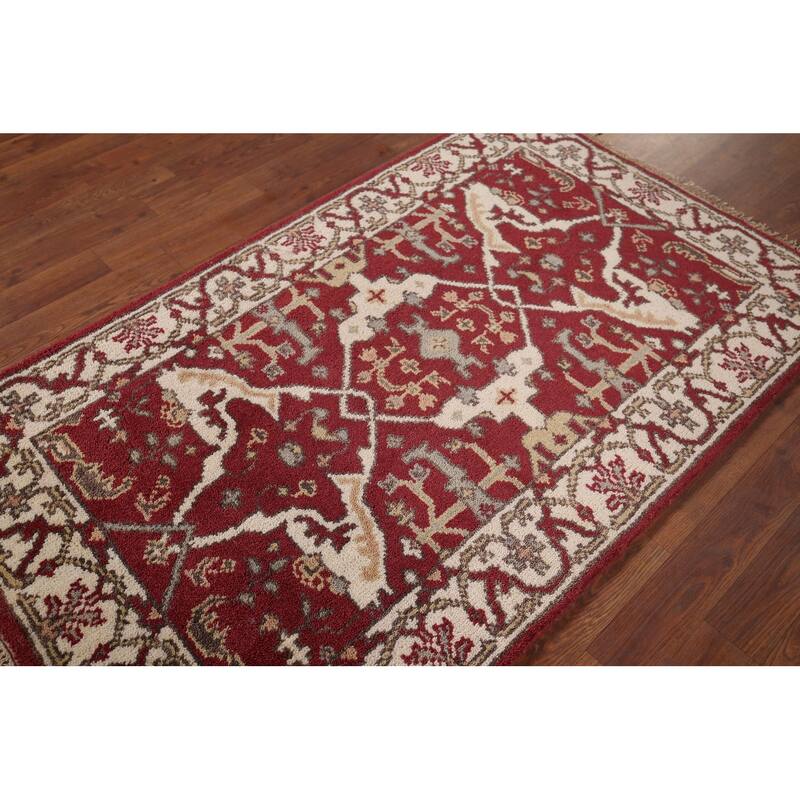 Red & Ivory Oushak Indian Accent Rug Hand-Knotted Wool Carpet - 2'11"x 4'9"