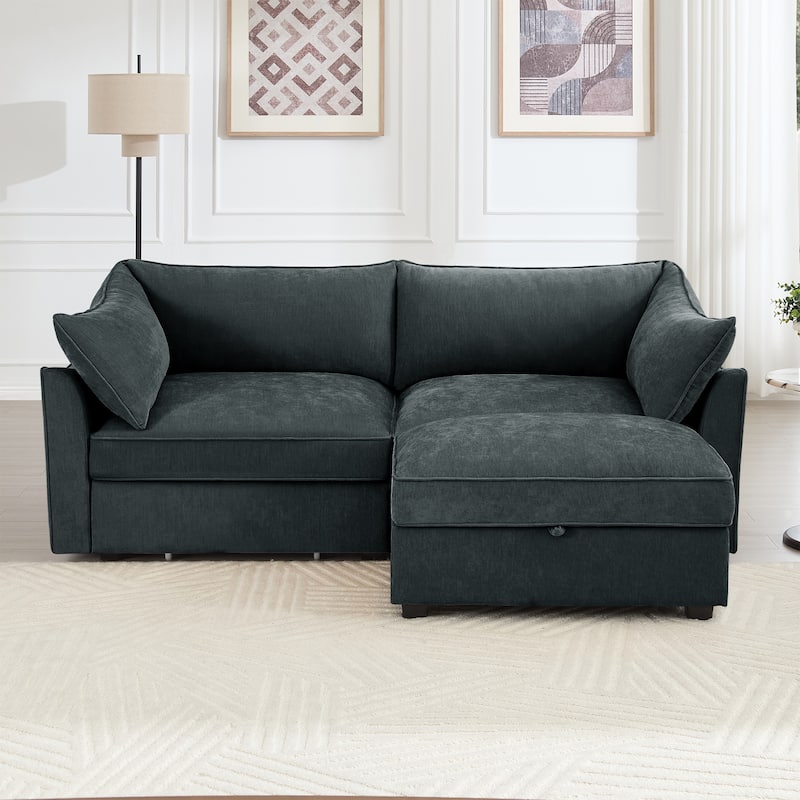 2-Seater Loveseat with 1 Movable Ottoman & Pull out Storage Drawer Under Seat