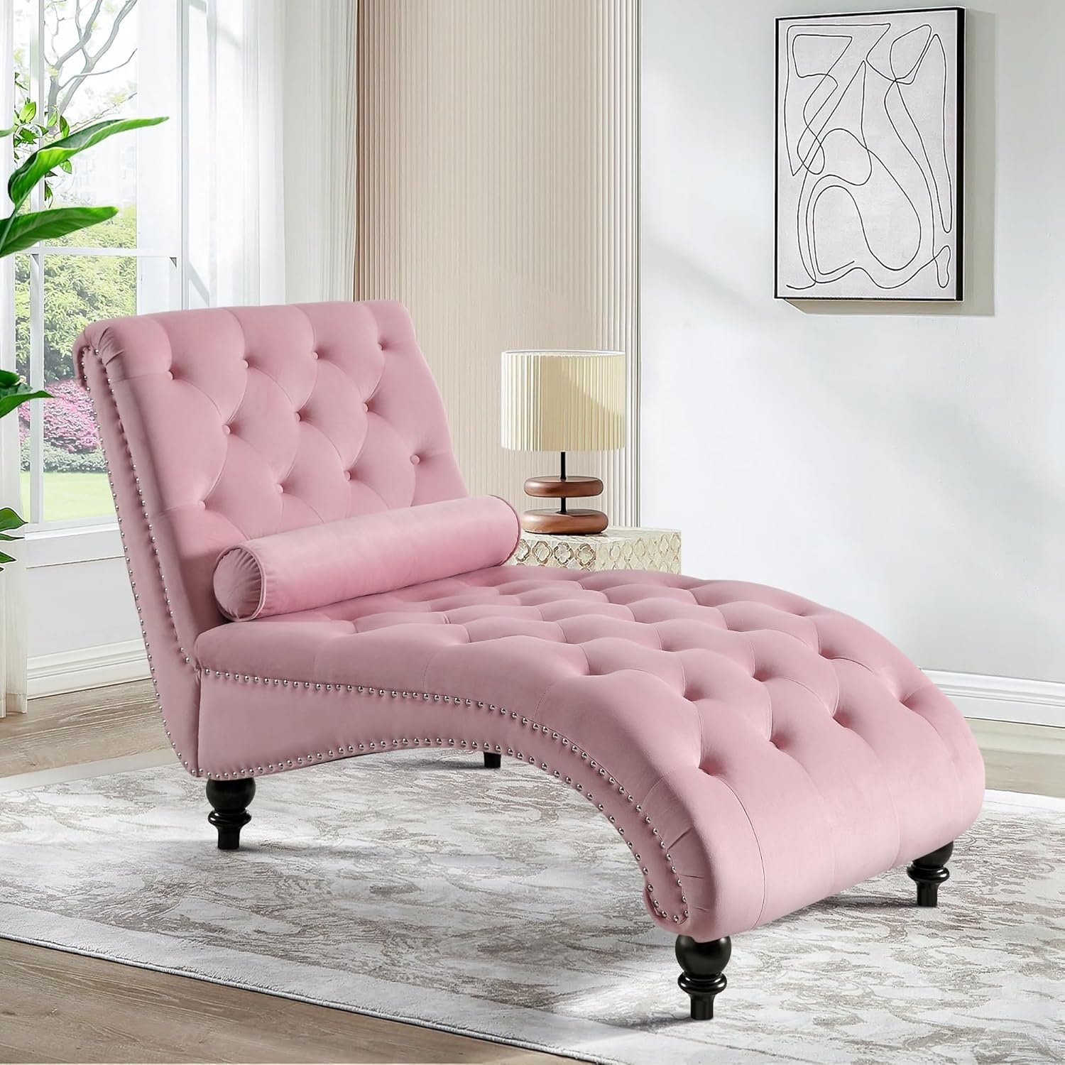 Modern Velvet Upholstered Chaise Lounge with Lumbar Pillow & Wooden Leg, Pink