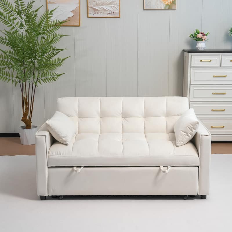 Velvet Sleeper Sofa with Adjustable Backrest, Pull-Out Loveseat Sofa Bed Couch with Storage & Lumbar Pillows