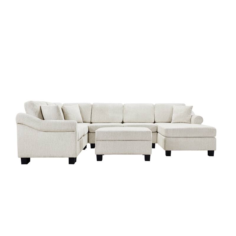 111.8" U-shaped Chenille Sofa with Storage Ottoman, White