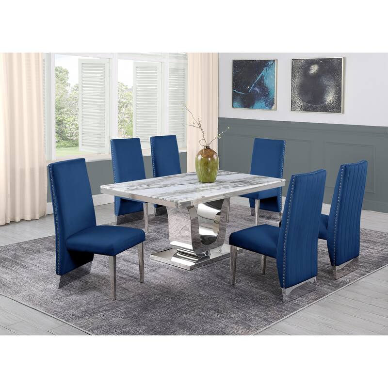 Best Quality White Marble 5 or 7 piece w/Pleated Chairs - 1 Table + 6 Chairs - Navy Blue