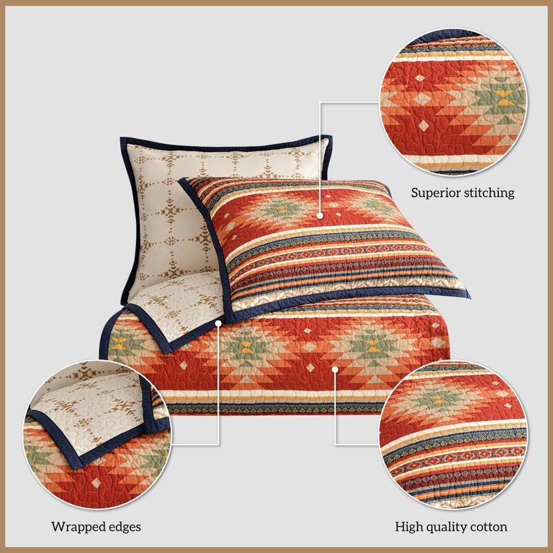 Paseo Road Del Sol Aztec Western Bedding 3 Piece Reversible Quilt Set with Pillow Shams