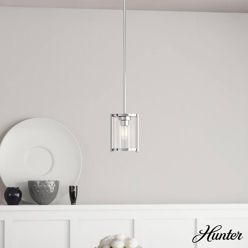 Hunter Astwood 1 Light Mini Pendant, Kitchen Island, Dining Room Table - Transitional, Art-Deco, Contemporary, Caged - Polished Nickel