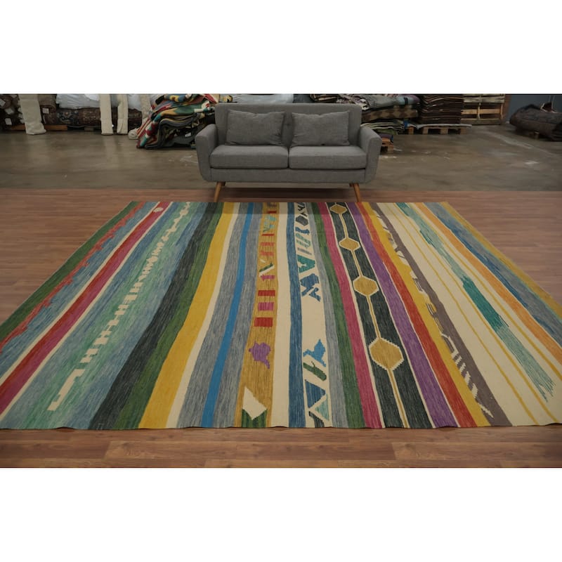 Hand Woven Oriental 100% Wool Carpet Southwestern Geometric Multi-Colored Kilim Area Rug - 9' 10'' X 9' 10''