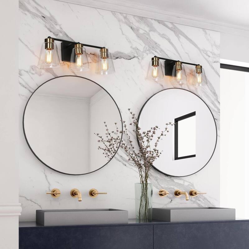 Airielle Black Gold 3-Lights Bathroom Vanity Lights Modern Farmhouse Wall Lamps with Cylinder Glass Shade
