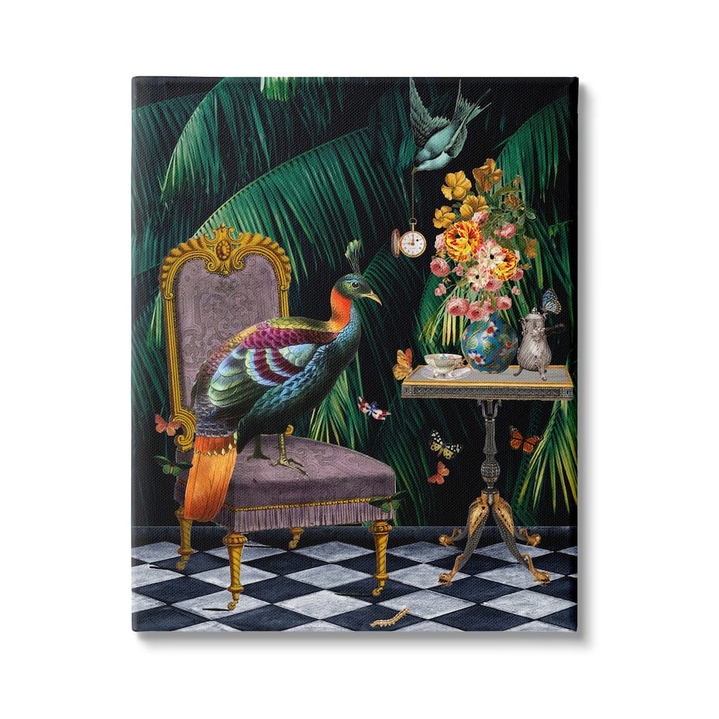 Stupell Regal Peacock On Chair Falling Palm Fronds Canvas Wall Art - Green
